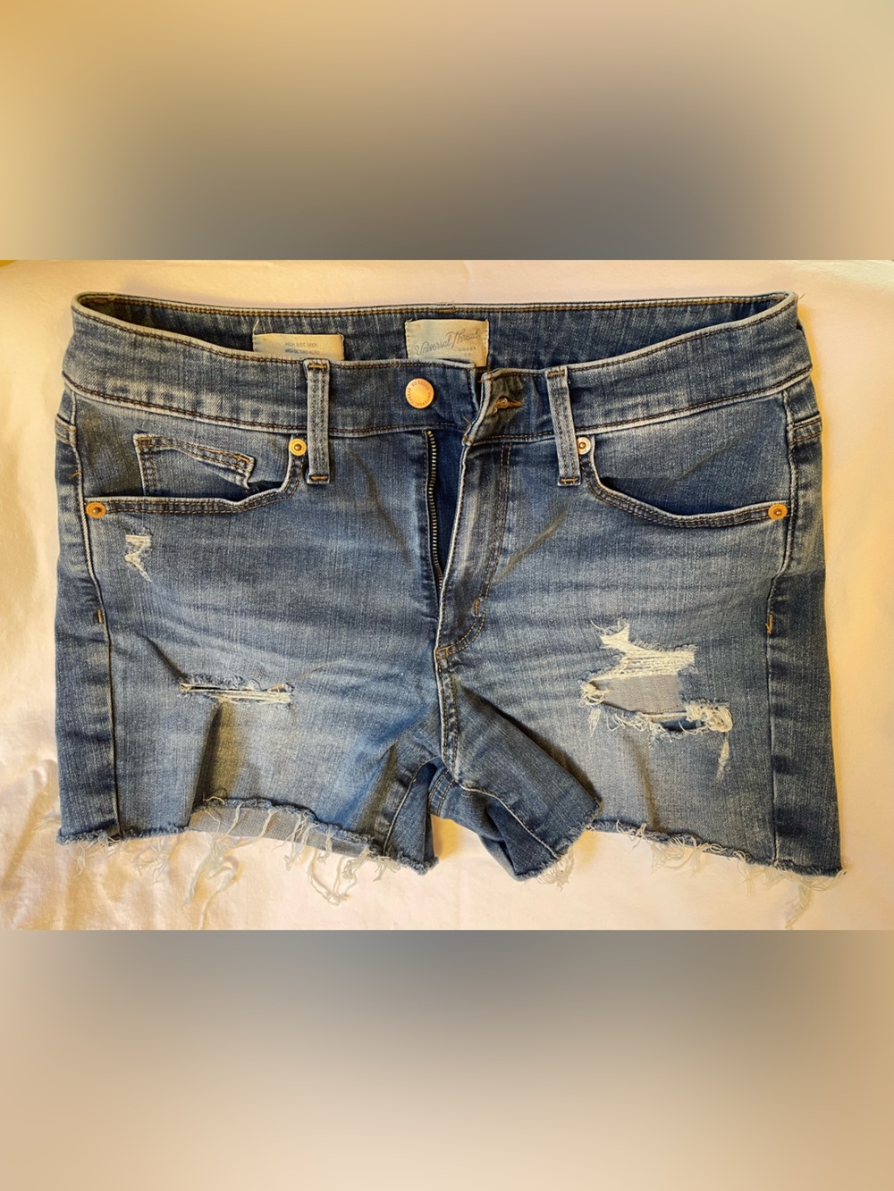 Universal Thread High Rise Midi Distressed Denim Shorts 10/30 Raw Hem